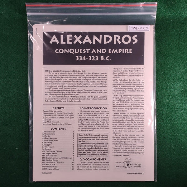 Alexandros: Conquest and Empire (Game only) - Command Magazine #10 - XTR Corp - Unpunched