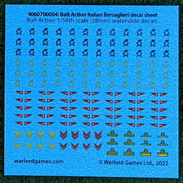 Bolt Action Italian Bersaglieri Troops Decal sheet - for 1/56 or 28mm miniatures